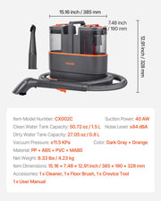 Portable Carpet Cleaner Machine Dual-Water Tank 11.5Kpa Upholstery Cleaner