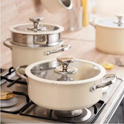 9pcs Stainless Steel Ceramic Coated Pot Set, Including 1 Milk Pot, 2 Stockpots, 1 Non-stick Pan, 4 LIDS And 1 Steamer